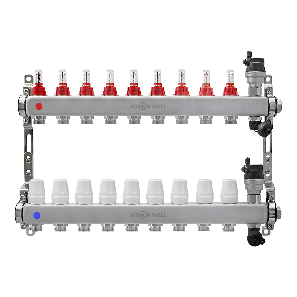Блок коллекторный из нерж. стали с расходомерами и термостатическими клапанами 1"x3/4"EU x9, в комплекте автомат.возд., сливн.кран Kromwell