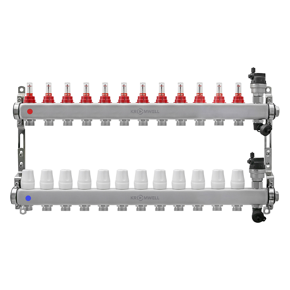 Блок коллекторный из нерж. стали с расходомерами и термостатическими клапанами 1"x3/4"EU x12, в комплекте автомат.возд., сливн.кран Kromwell