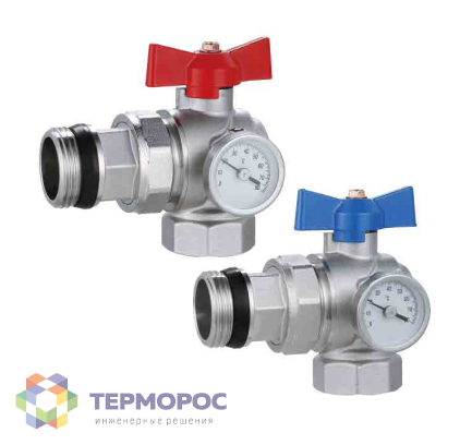 Комплект угловых коллекторных шаровых кранов 1" Kromwell с термометрами