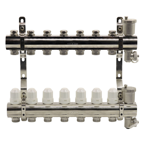 Блок коллекторный из латуни с балансировочными и термостатическими клапанами 1"x3/4"EU x7, в комплекте автомат.возд., сливн.кран Kromwell