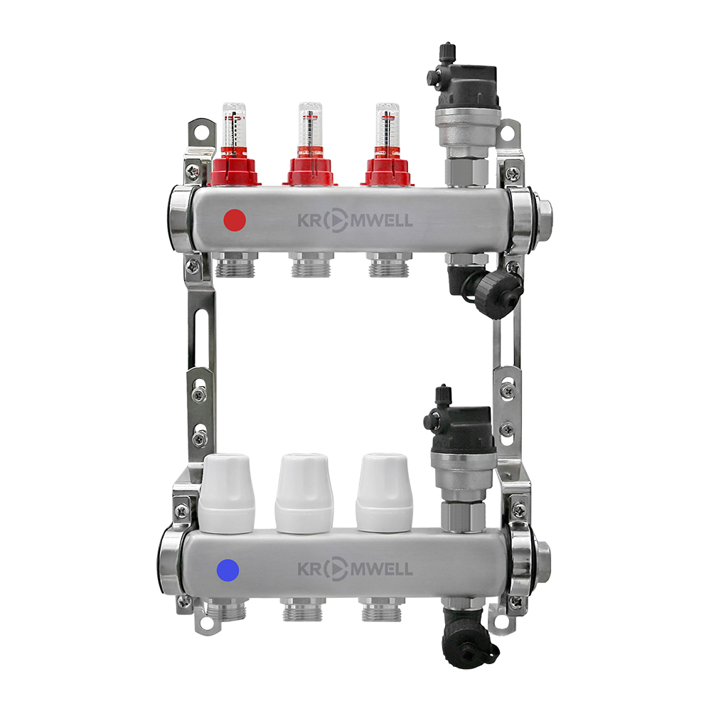 Блок коллекторный из нерж. стали с расходомерами и термостатическими клапанами 1"x3/4"EU x3, в комплекте автомат.возд., сливн.кран Kromwell