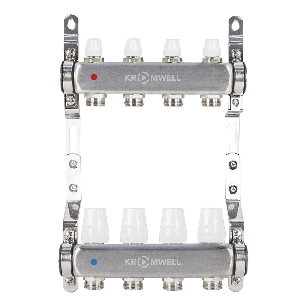 Коллекторный блок из нерж. cтали Kromwell с термостат. вставками и балансир.клапанами, 1"х3/4"х4