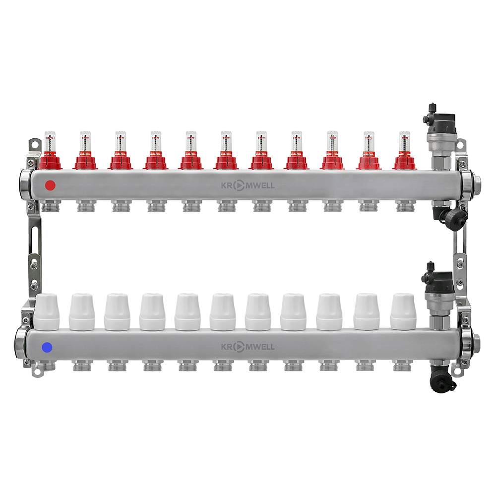 Блок коллекторный из нерж. стали с расходомерами и термостатическими клапанами 1"x3/4"EU x11, в комплекте автомат.возд., сливн.кран Kromwell