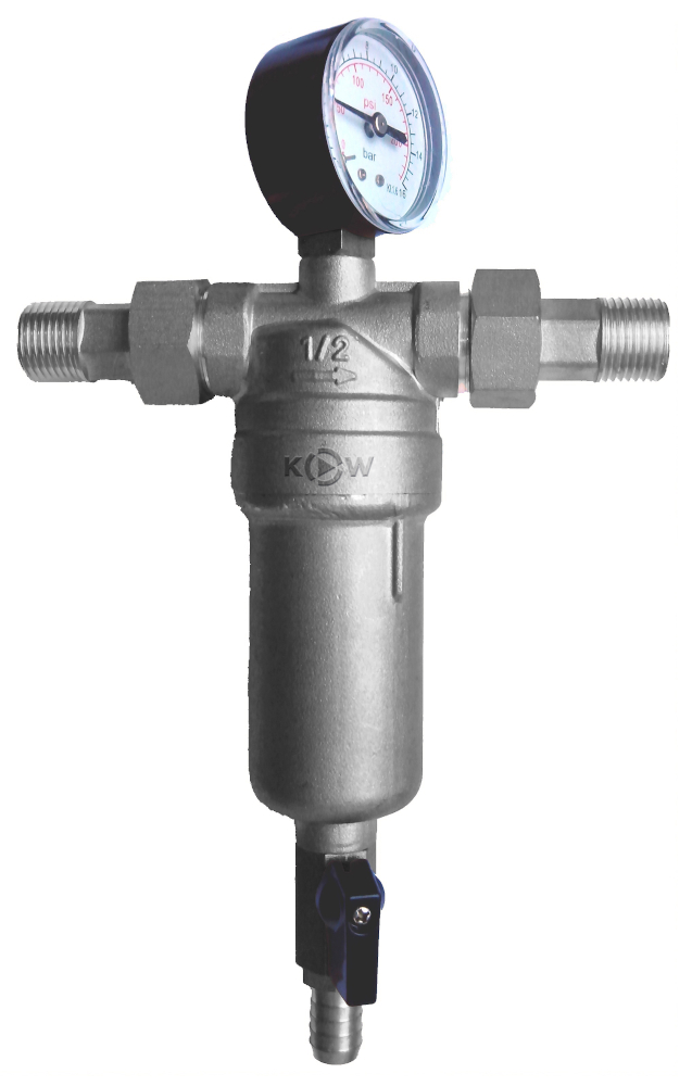 Фильтр промывной 1/2", американки, сетчатый 100 мкр, с манометром и латунной колбой, Kromwell