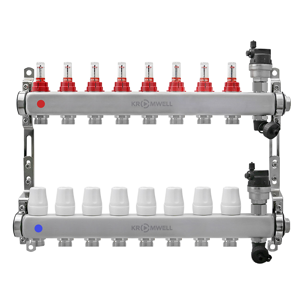 Блок коллекторный из нерж. стали с расходомерами и термостатическими клапанами 1"x3/4"EU x8, в комплекте автомат.возд., сливн.кран Kromwell